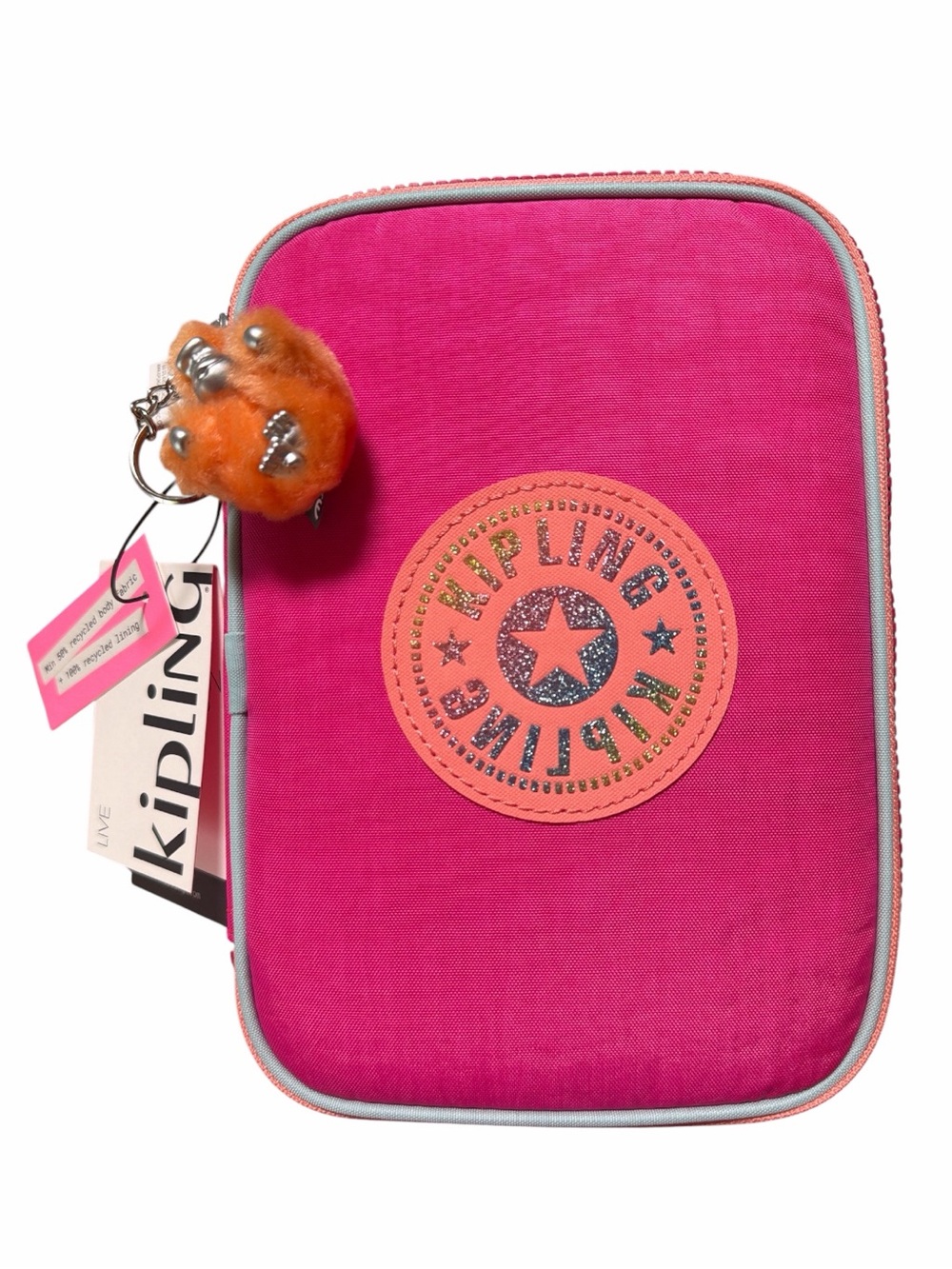 Kipling 100 Pens Pencil Case Azalea Pink Glitter Logo, WAVEPOP, Girls Women